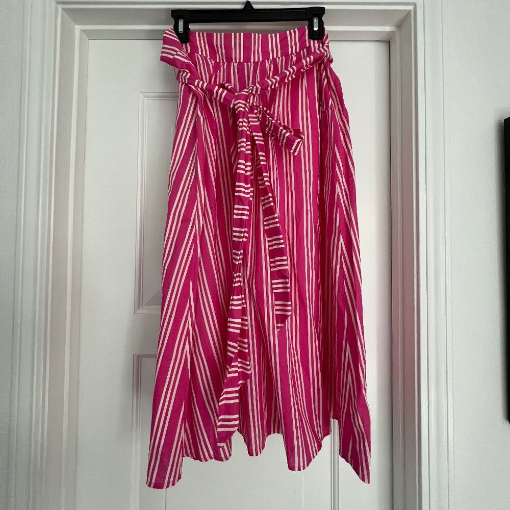 Boden Kiera Pink White Stripe A Line Cotton Midi Skirt With Tie Belt